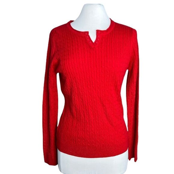 Laura scott Red Cable Knit Notched Scoop Neck Henley Style Pullover Sweater - Picture 1 of 7